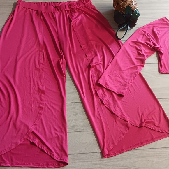 Plus Size Women Solid Color Off-Shoulder Long Sleeve Blouse And Slit Pants suite - Picture 5 of 16